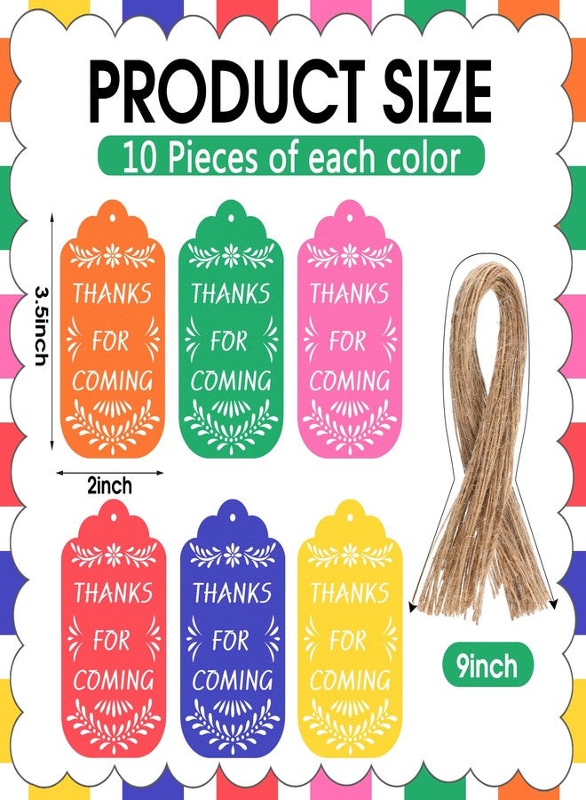 Fuyoooo 60 Pcs Mexican Papel Picado Gift Tags Las Posadas Colorful Fiesta Thank You Tag with String for Posada Navidena Mercado Candy Bags Cinco De Mayo Party Decoration(Multicolor,Thanks for Coming) - Image 2